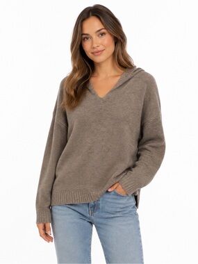 Pinch Taupe V-Neck Hooded Pullover Sweater Size Small